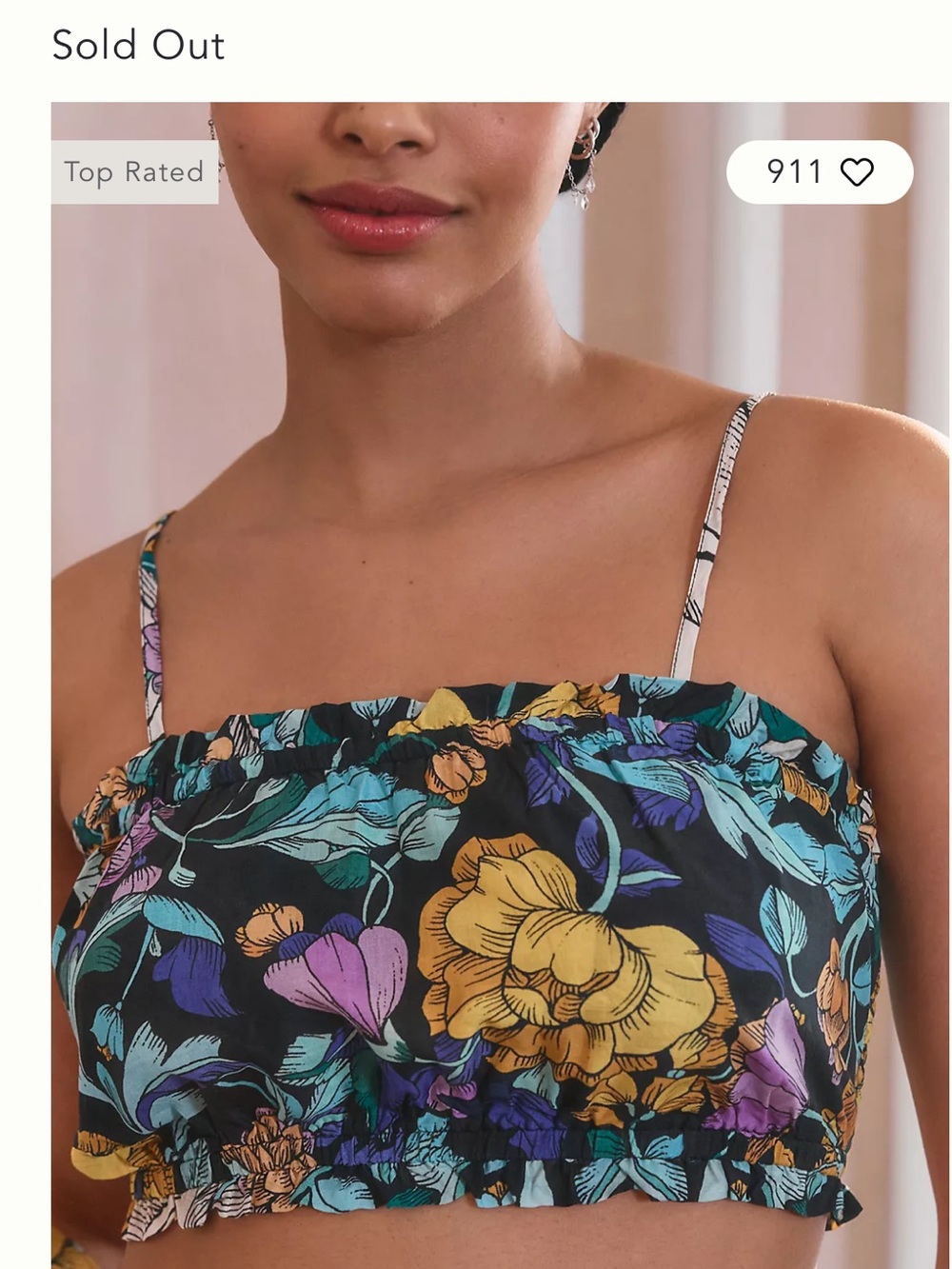 Anthropologie Black Floral Smocked Crop Camisole with Yellow & Purple Flowers